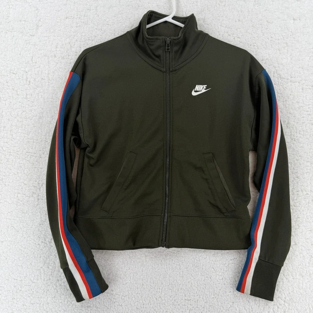 Nike Jacket Boys Youth Small Green Track Full Zip Retro Stripe Sleeve Logo